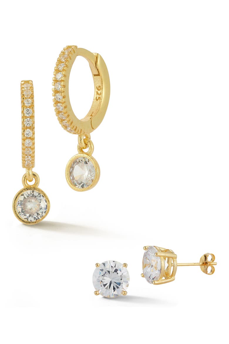 Set of 2 Cubic Zirconia Stud & Drop Hoop Earrings, Main, color, GOLD