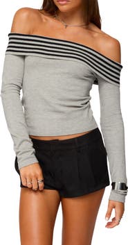 EDIKTED Leetal Stripe Foldover Off the Shoulder Long Sleeve Top