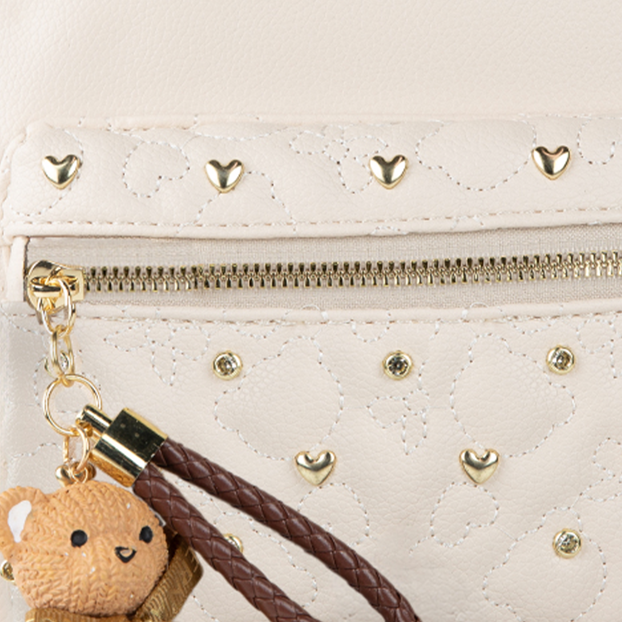 Heart-Quilted Mini Backpack with Bear Charm, Alternate, color, LT Sand