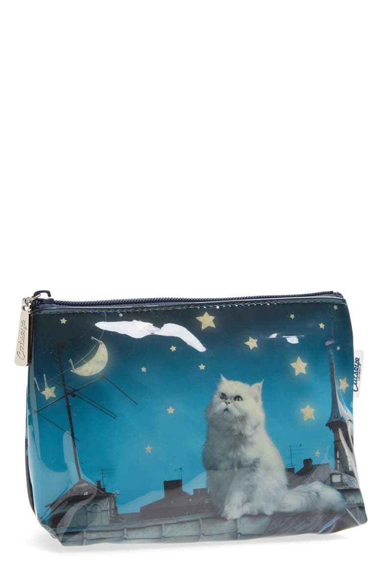 'Small Rooftop Cat' Cosmetics Bag, Main, color, ROOFTOP CAT