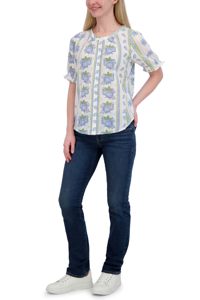 Floral Puff Sleeve Button-Up Shirt, Alternate, color, BLUE COMBO