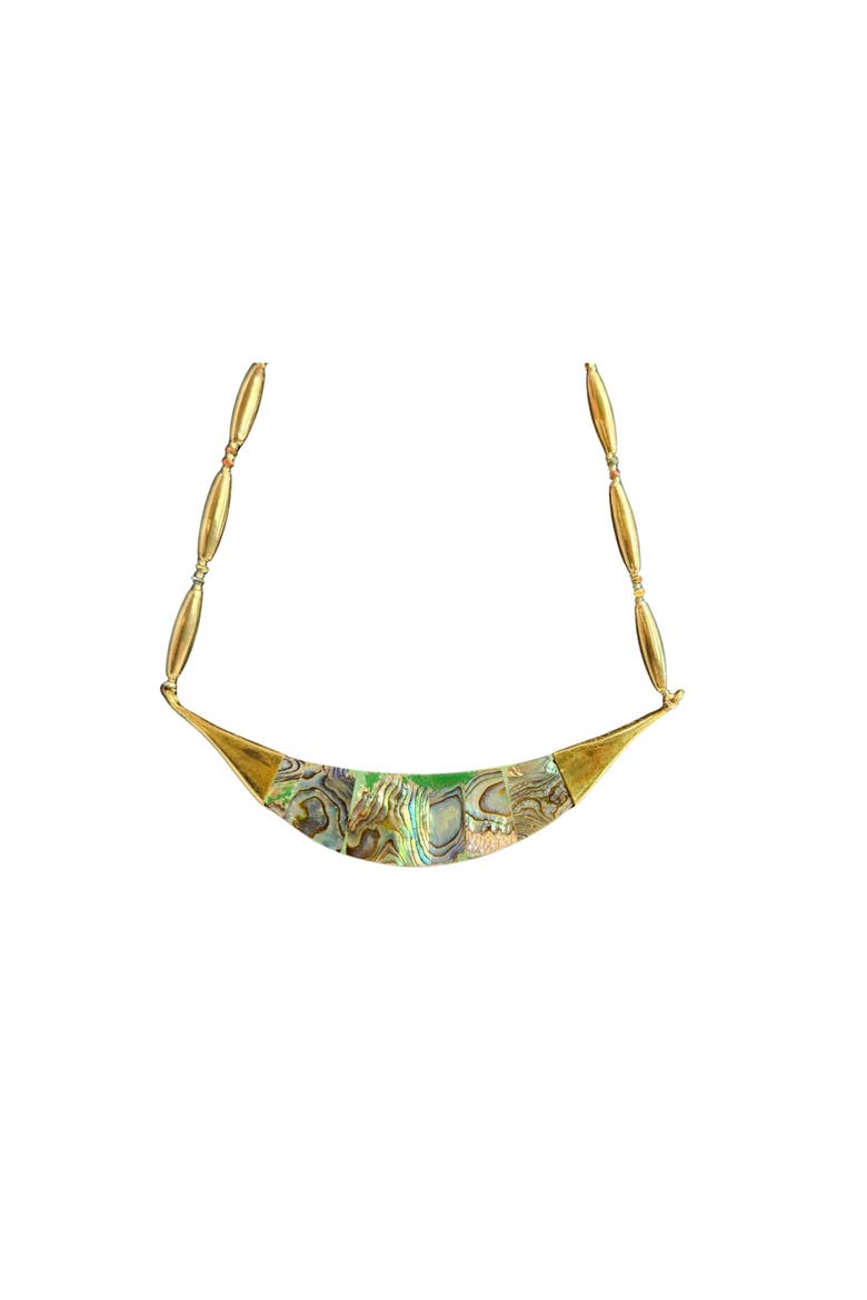 Vintage 1970s Reversible Abalone Shell and Wood Inlay Crescent Necklace, Main, color, Gold