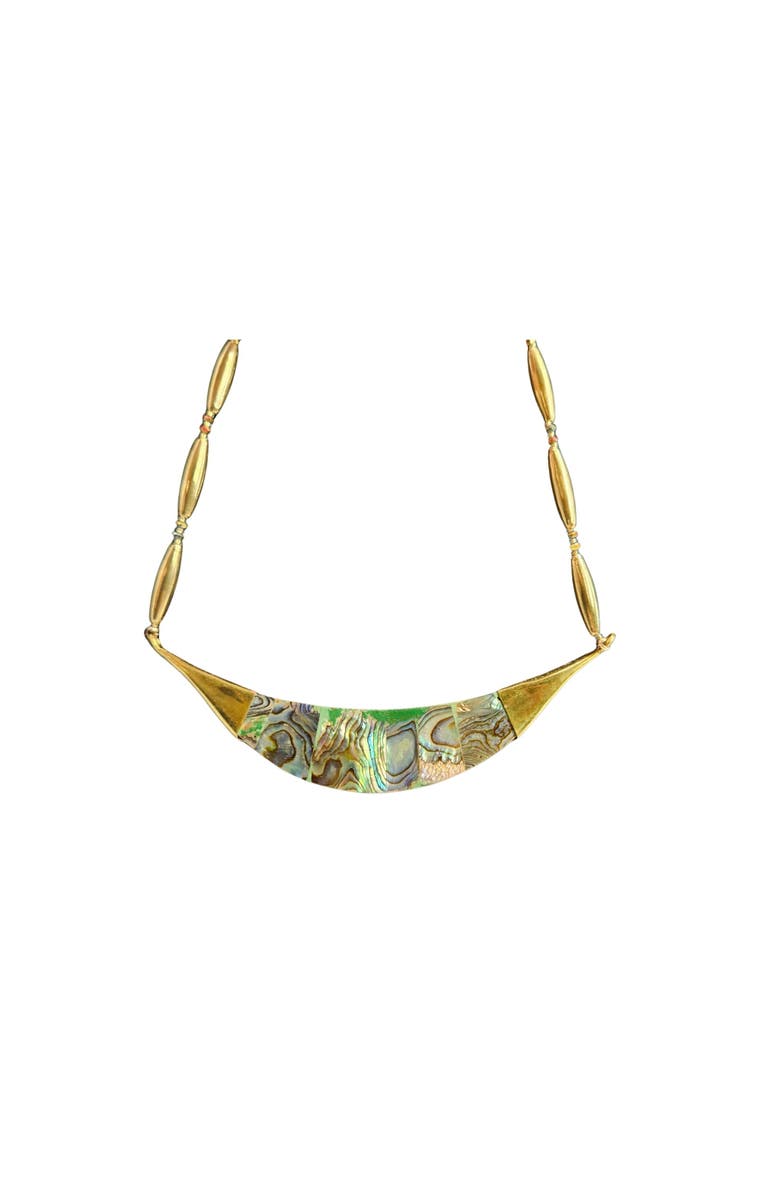 MADISON BEVERLY HILLS Vintage 1970s Reversible Abalone Shell and Wood Inlay Crescent Necklace, Main, color, Gold