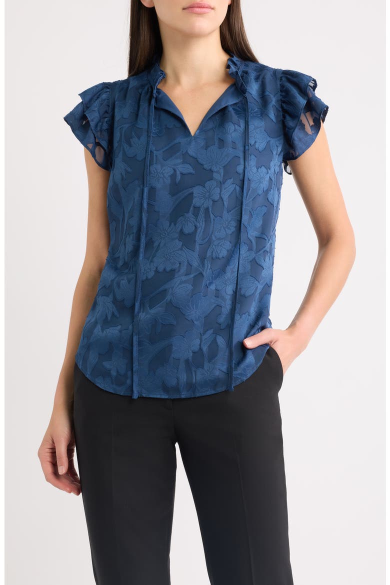 Ruffle Tie Neck Top, Main, color, BLUE CARBON