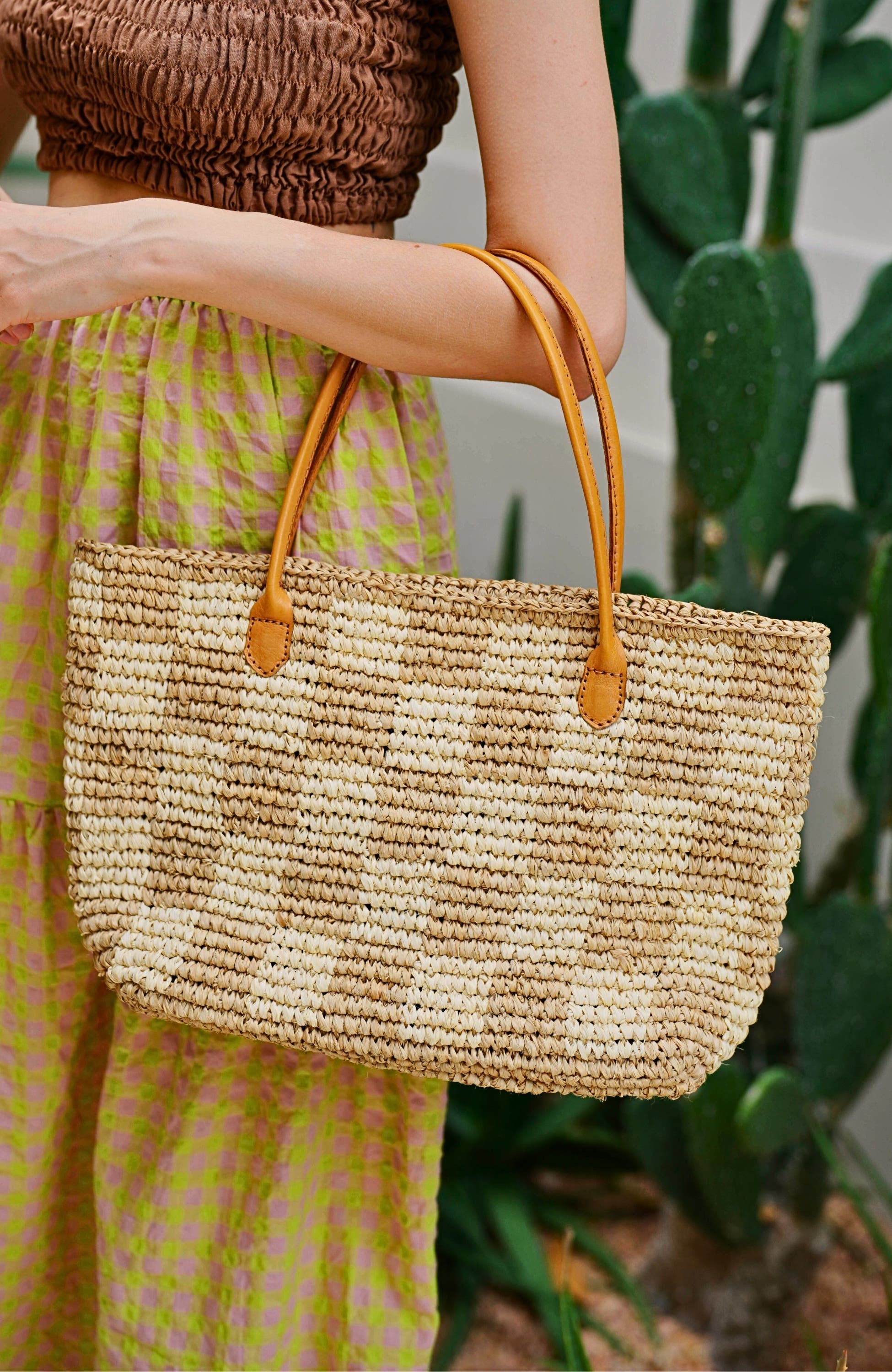 PINK HALEY Lindsey Checker Raffia Tote, Alternate, color, Brown