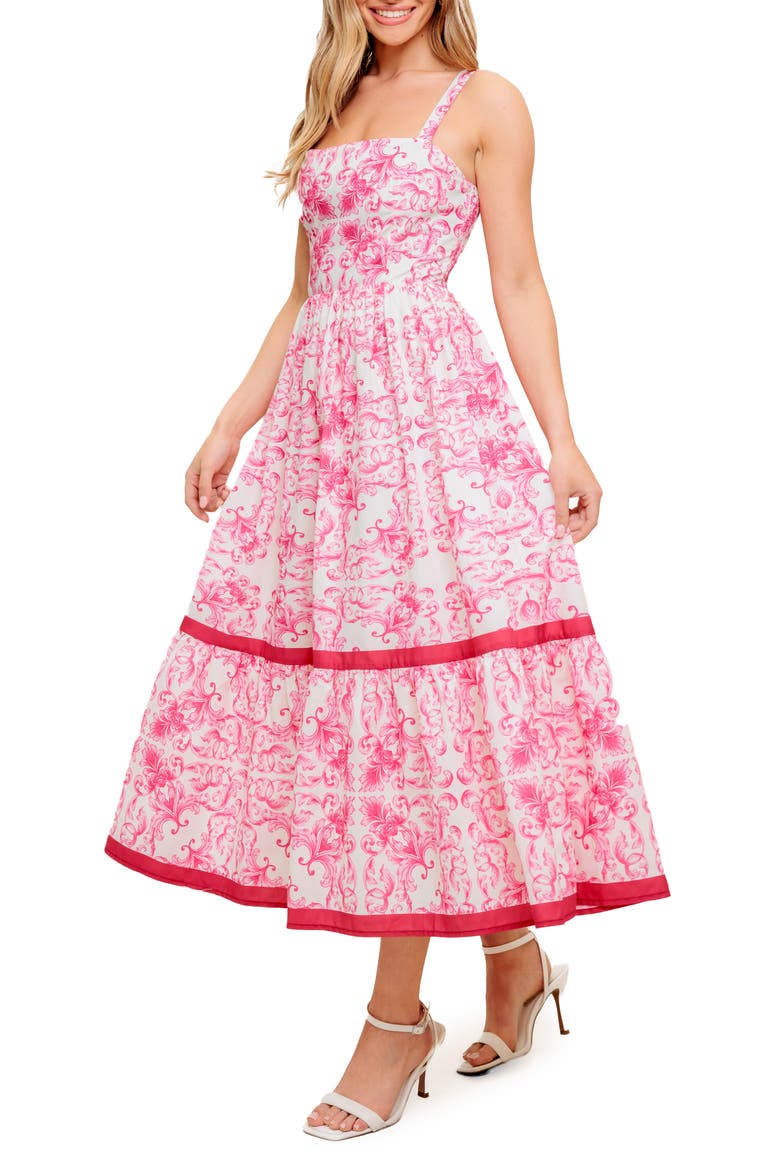 Tiered Hem Midi Dress, Alternate, color, IVORY FUCHSIA
