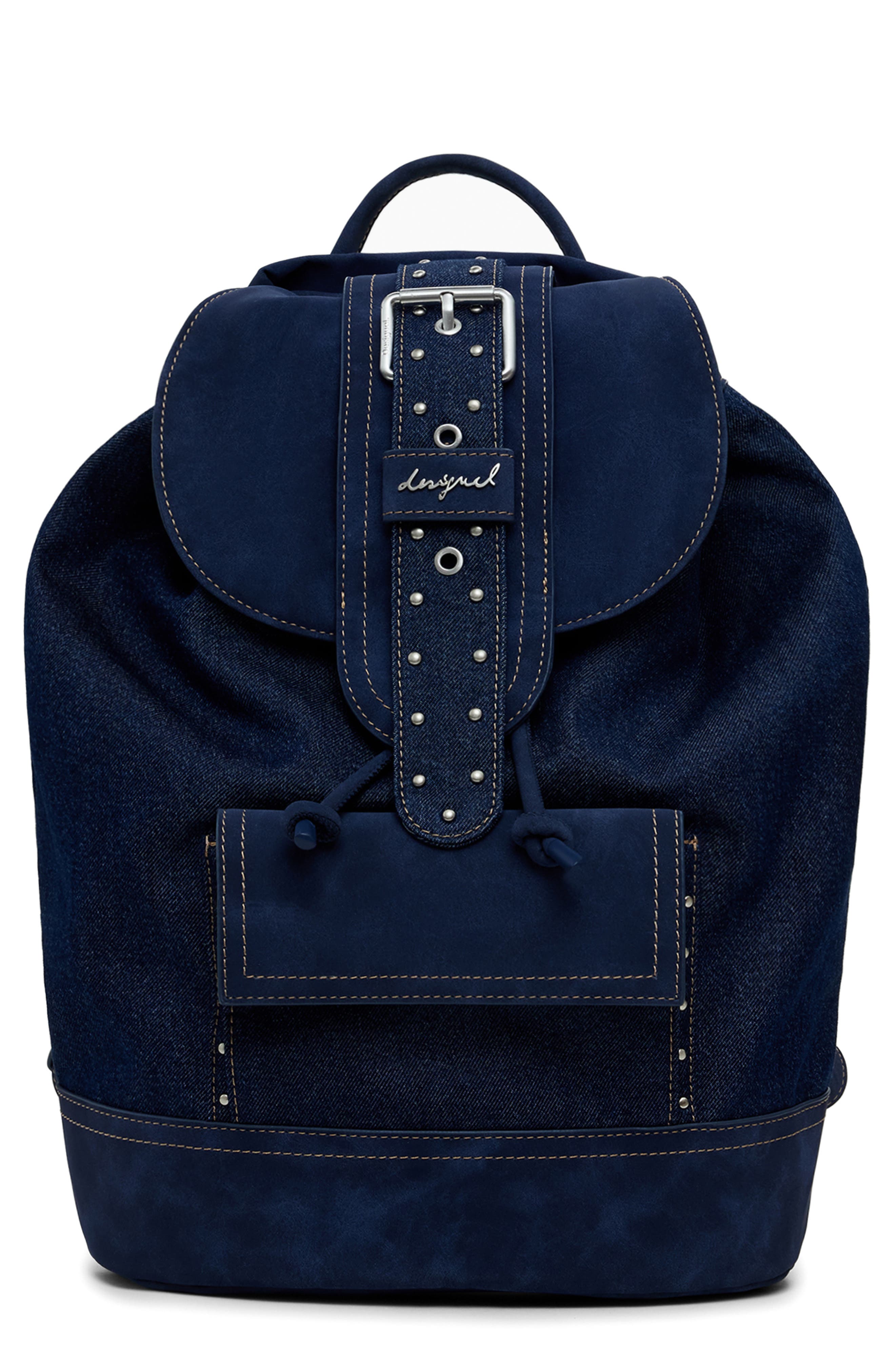 Desigual Medium Convertible Denim Bucket Backpack, Main, color, Dark Blue