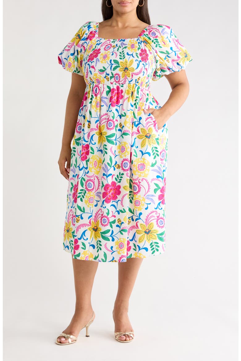 Kress Floral Print Smocked Midi Dress, Main, color, WHITE MULTI