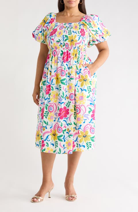 Kress Floral Print Smocked Midi Dress (Plus)
