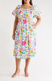 SUGARLIPS Kress Floral Print Smocked Midi Dress