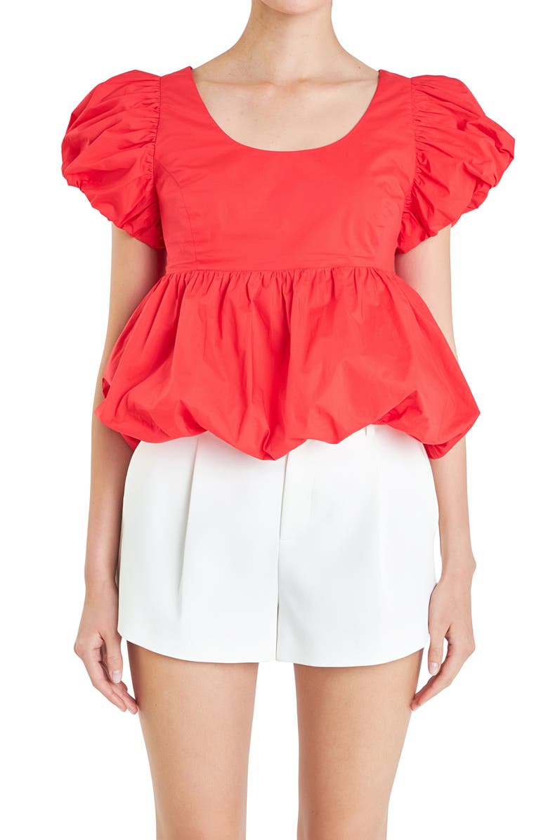 English Factory Bubble Hem Puff Sleeve Top, Alternate, color, Red