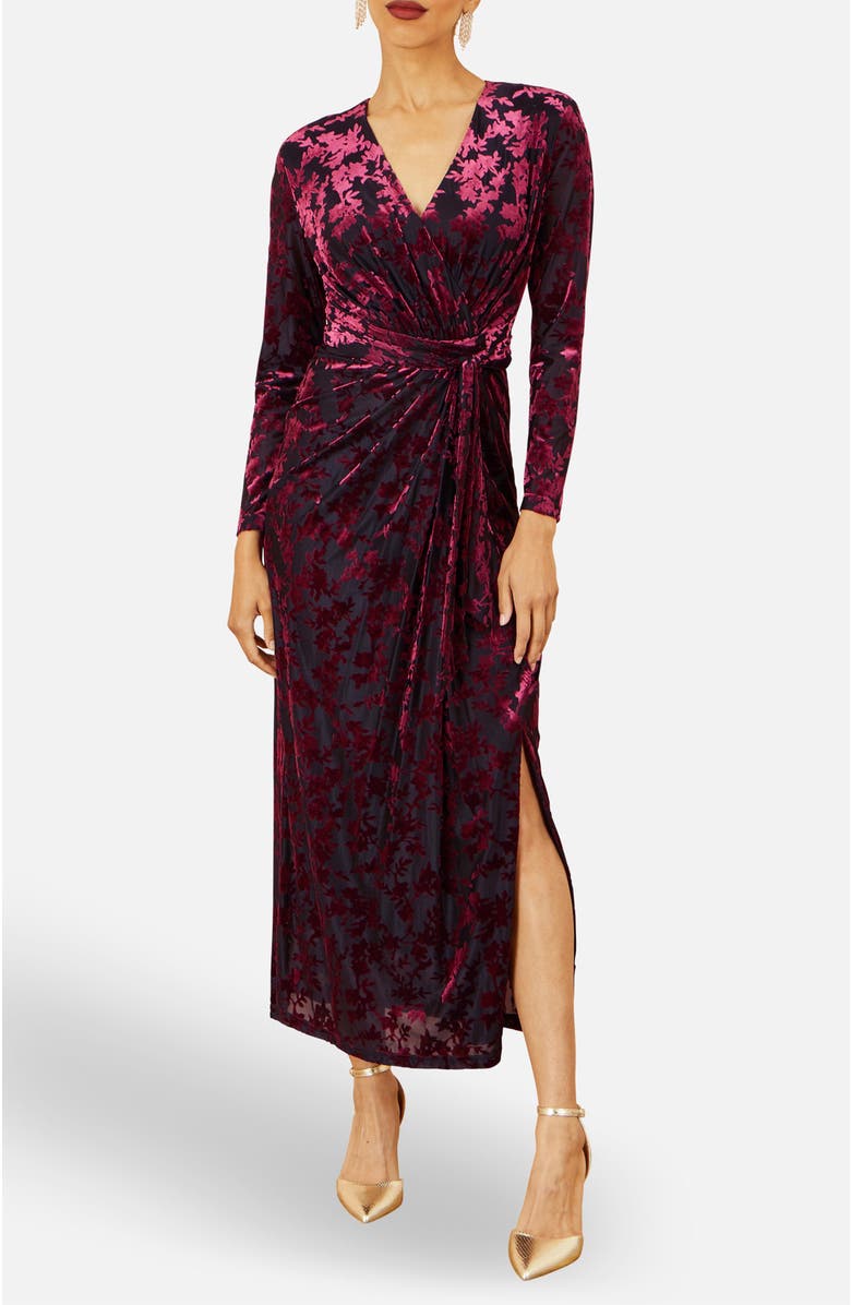 Yumi Velour Stretch Midi Dress, Alternate, color, Burgundy