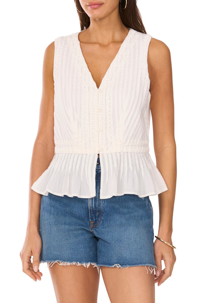 Vince Camuto Pintuck Peplum Sleeveless Button-Up Top, Main, color, New Ivory