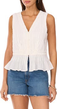 Vince Camuto Pintuck Peplum Sleeveless Button-Up Top