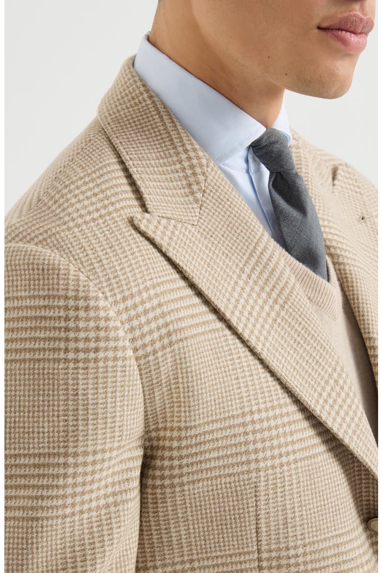 Comfort wool and cashmere Prince of Wales flannel deconstructed blazer with large peak lapels, Alternate, color, Camel