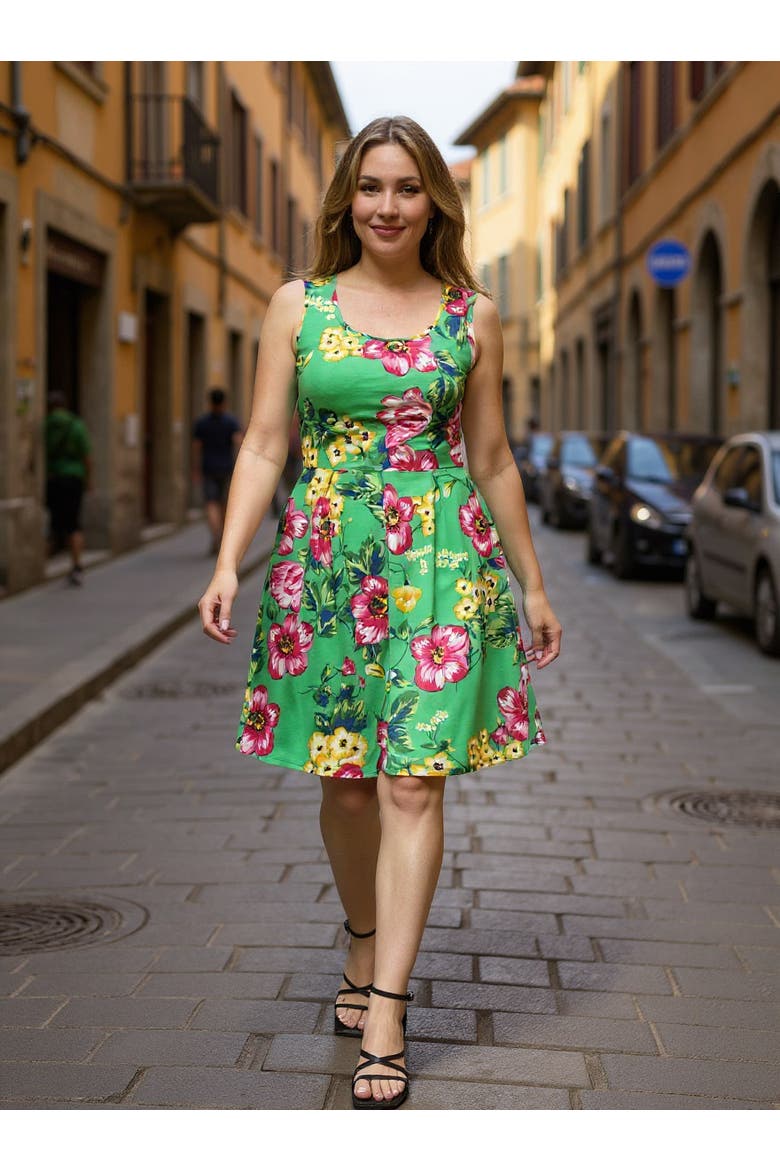 Womens Floral Sleeveless Pleated Pocket Skater Dress, Alternate, color, Green Multi