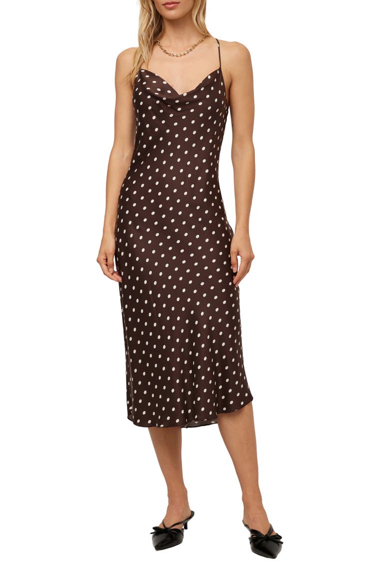 Vanessa Polka Dot Racerback Bias Midi Dress, Main, color, BROWN W/ CREAM