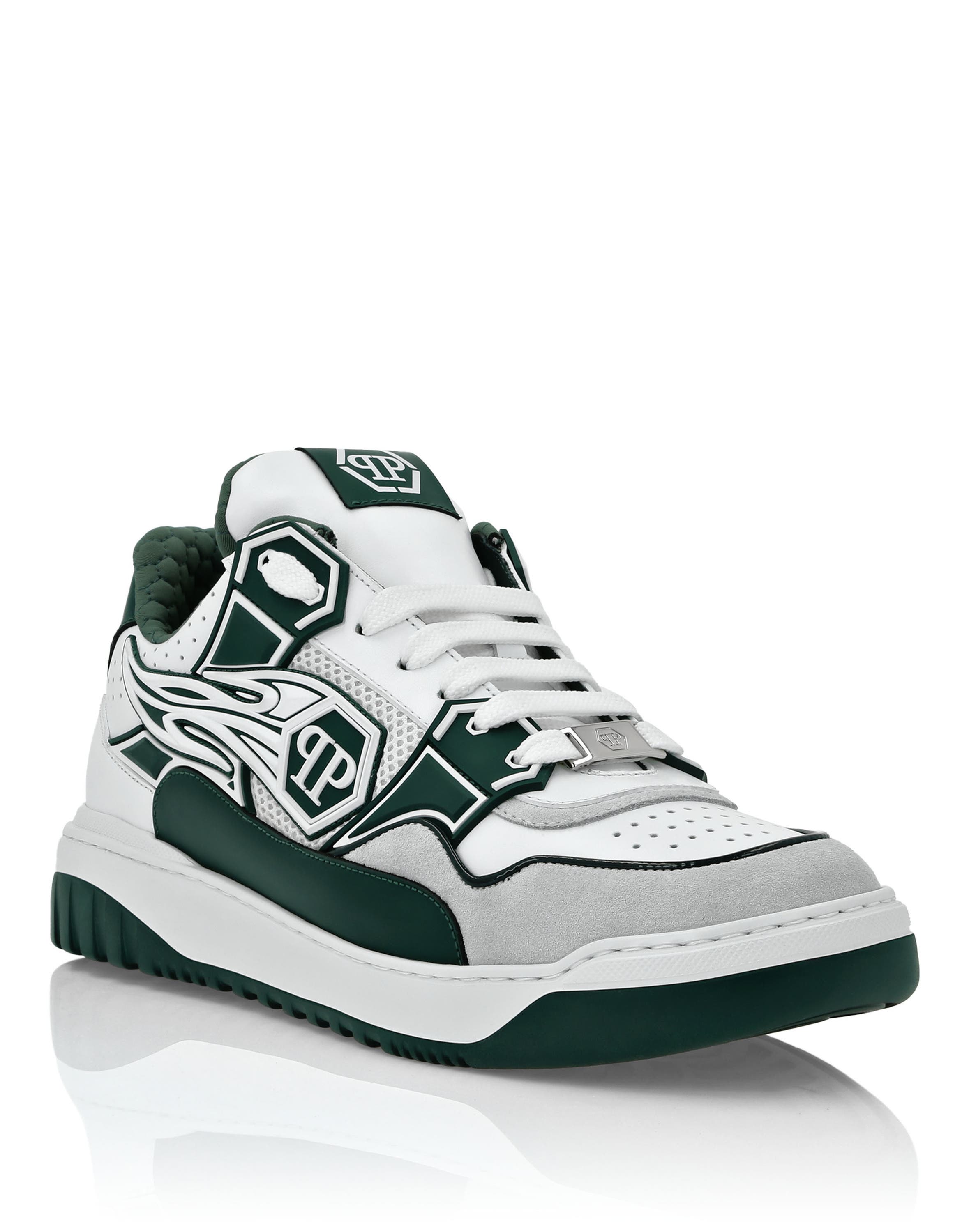 Mix Leather Lo-Top Sneakers Strass Hexagon Men, Main, color, white/green