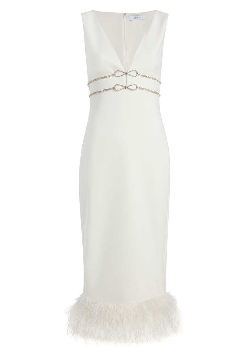Corianne Feather Trim Empire Waist Midi Dress, Alternate, color, WHITE