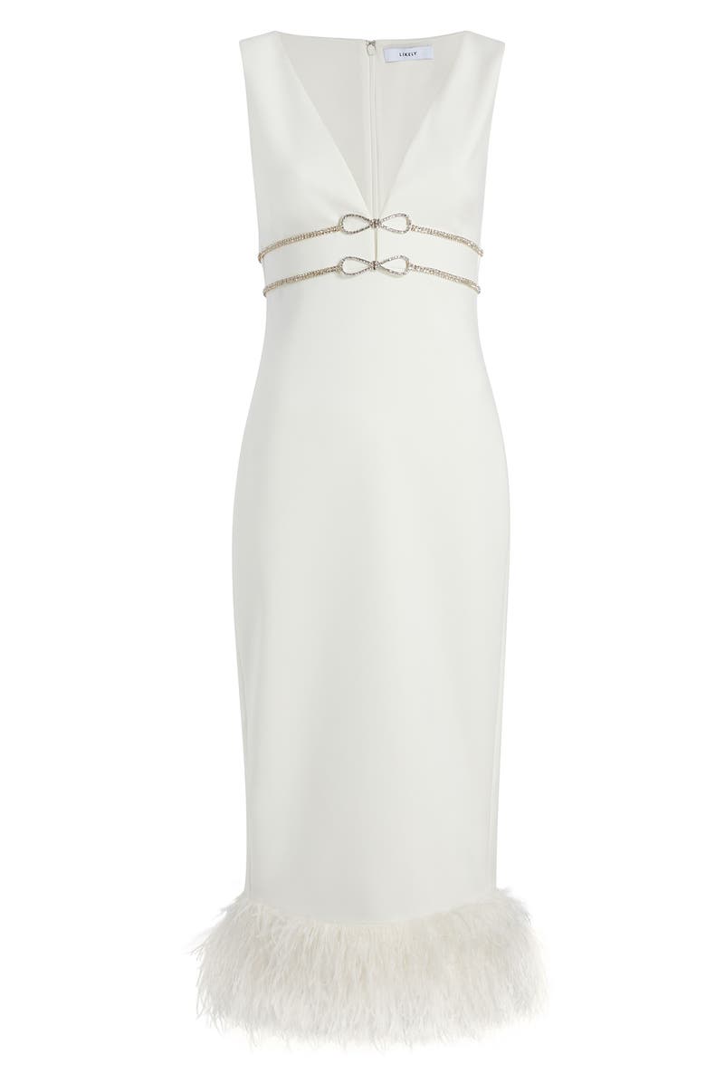 LIKELY Corianne Feather Trim Empire Waist Midi Dress, Alternate, color, White
