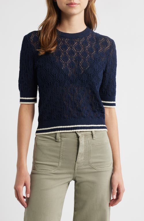 Frame The Rookie Open Stitch Short Sleeve Sweater In Blue