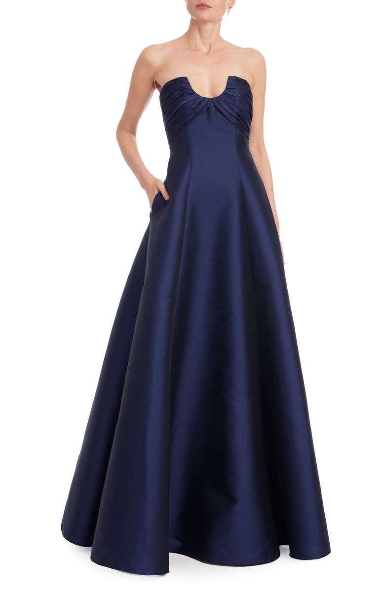 Badgley Mischka Collection Strapless Satin Gown, Main, color, Navy