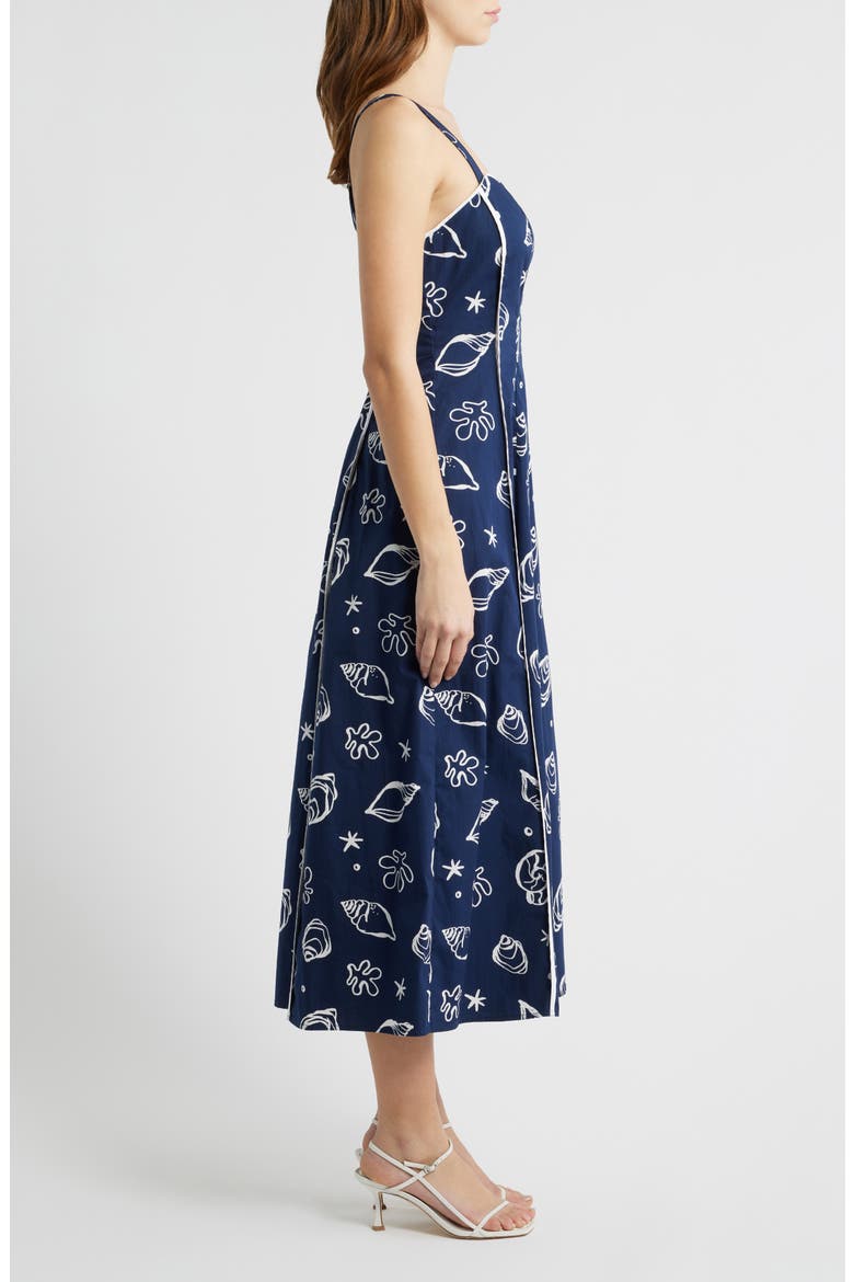 Shell Print Piped Cotton Midi Dress, Alternate, color, NAVY MULTI