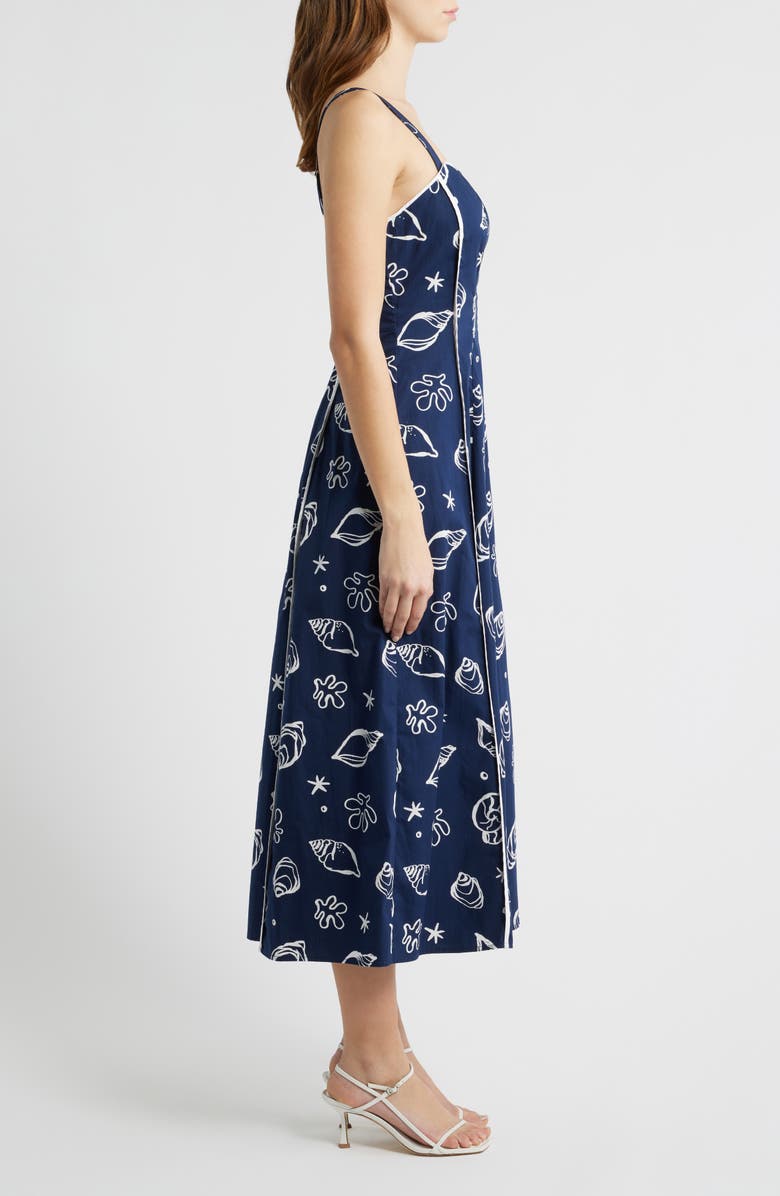 MOON RIVER Shell Print Piped Cotton Midi Dress, Alternate, color, Navy Multi