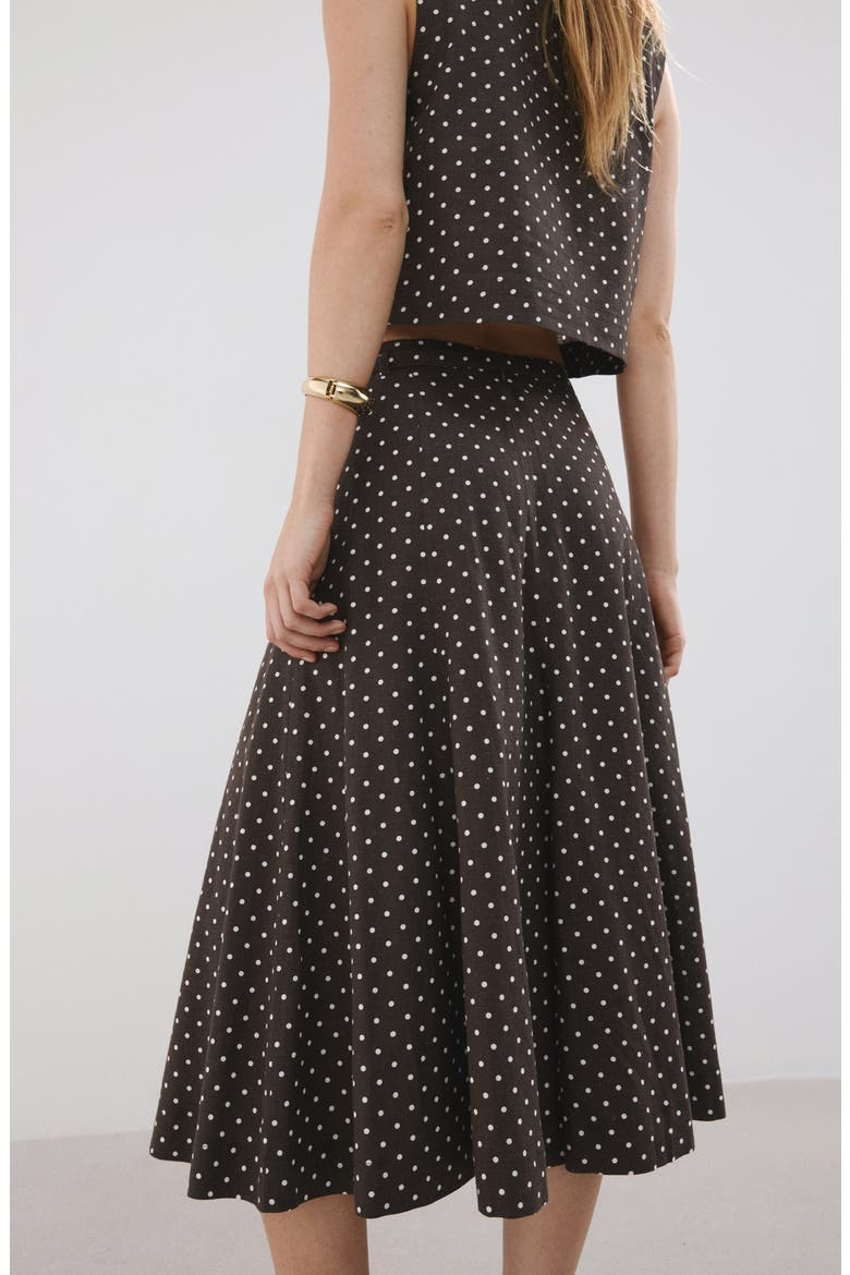 Belted Polka Dot Linen Blend A-Line Midi Skirt, Alternate, color, BLACK