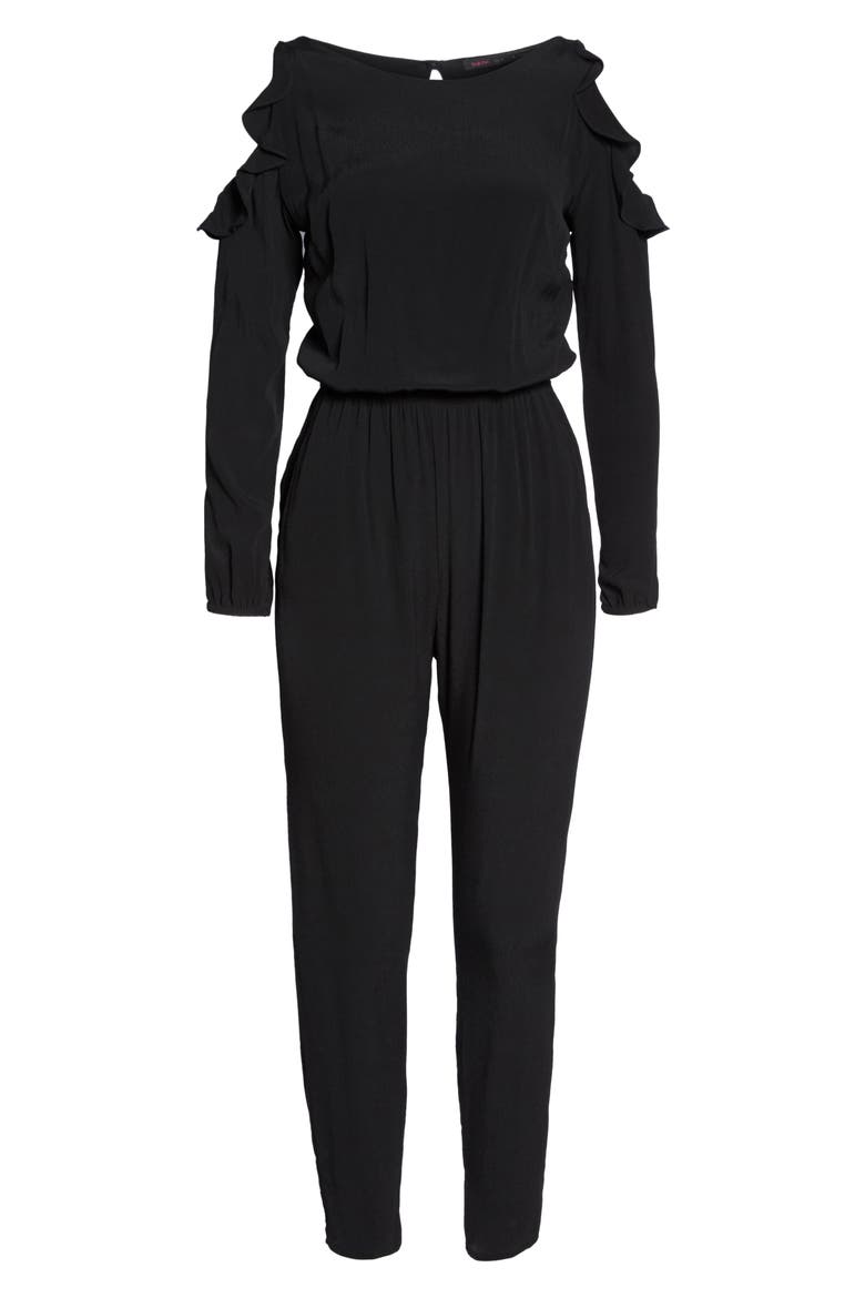 Ruffle Cold Shoulder Jumpsuit, Alternate, color, BLACK