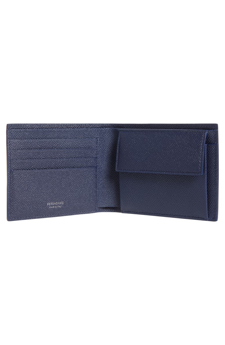 FERRAGAMO Micro Gancio Hammered Leather Bifold Wallet, Alternate, color, New Navy Nero