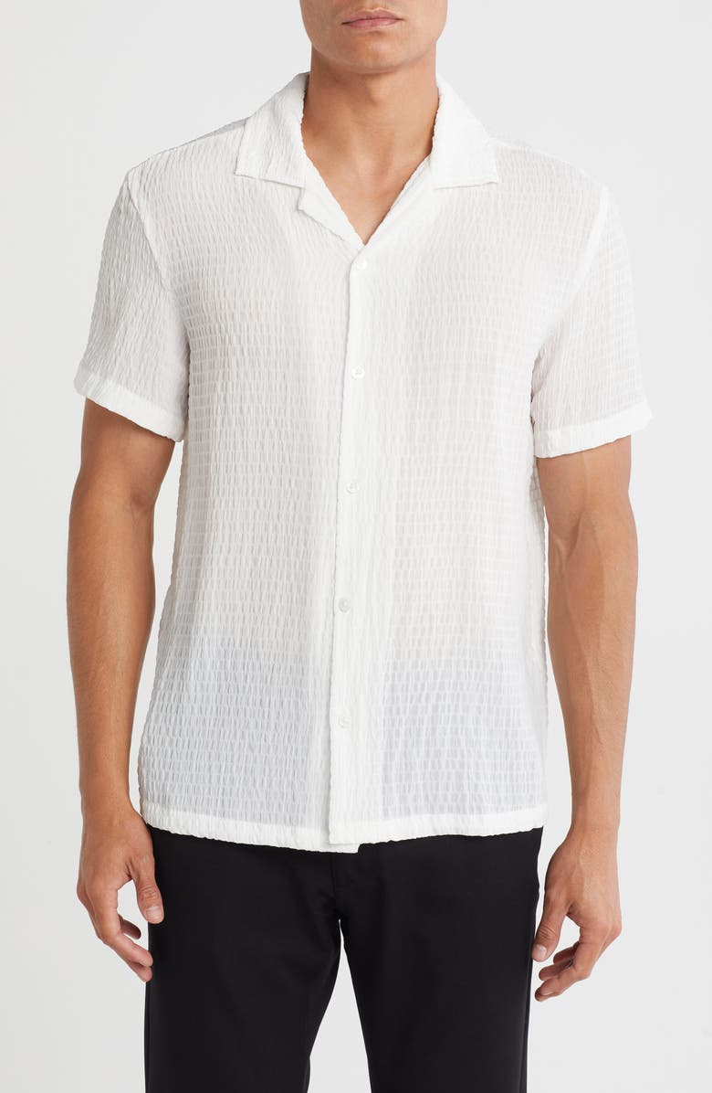 DENIM AND FLOWER Textured Knit Short Sleeve Button-Up Shirt, Main, color, White