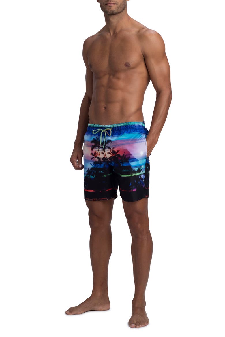 Rainbow Sunset Print Swim Trunks, Alternate, color, NIGHT BLUE