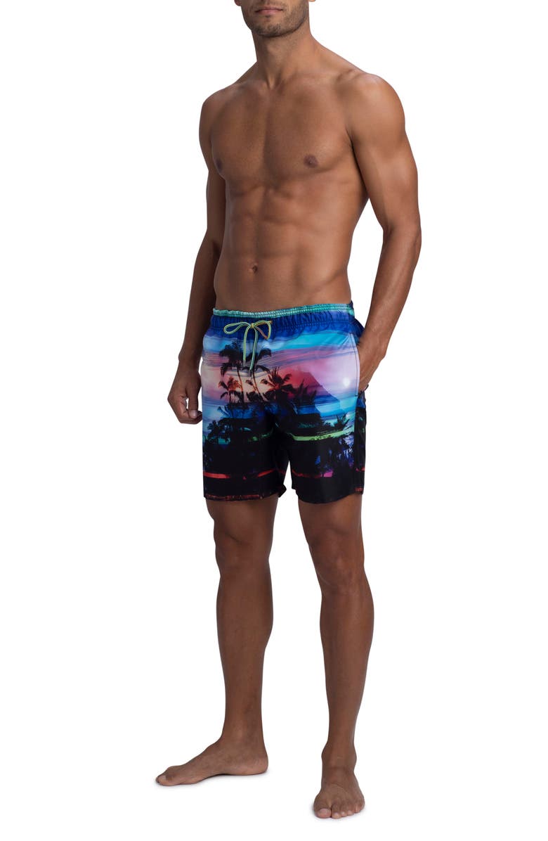 Bugatchi Rainbow Sunset Print Swim Trunks, Alternate, color, 