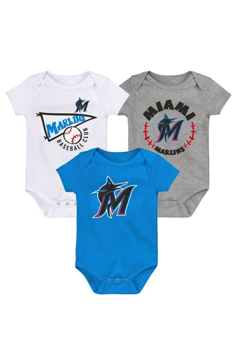 Outerstuff Infant Blue/White/Heather Gray Miami Marlins Biggest Little Fan 3-Pack Bodysuit Set, Main, color, Blue