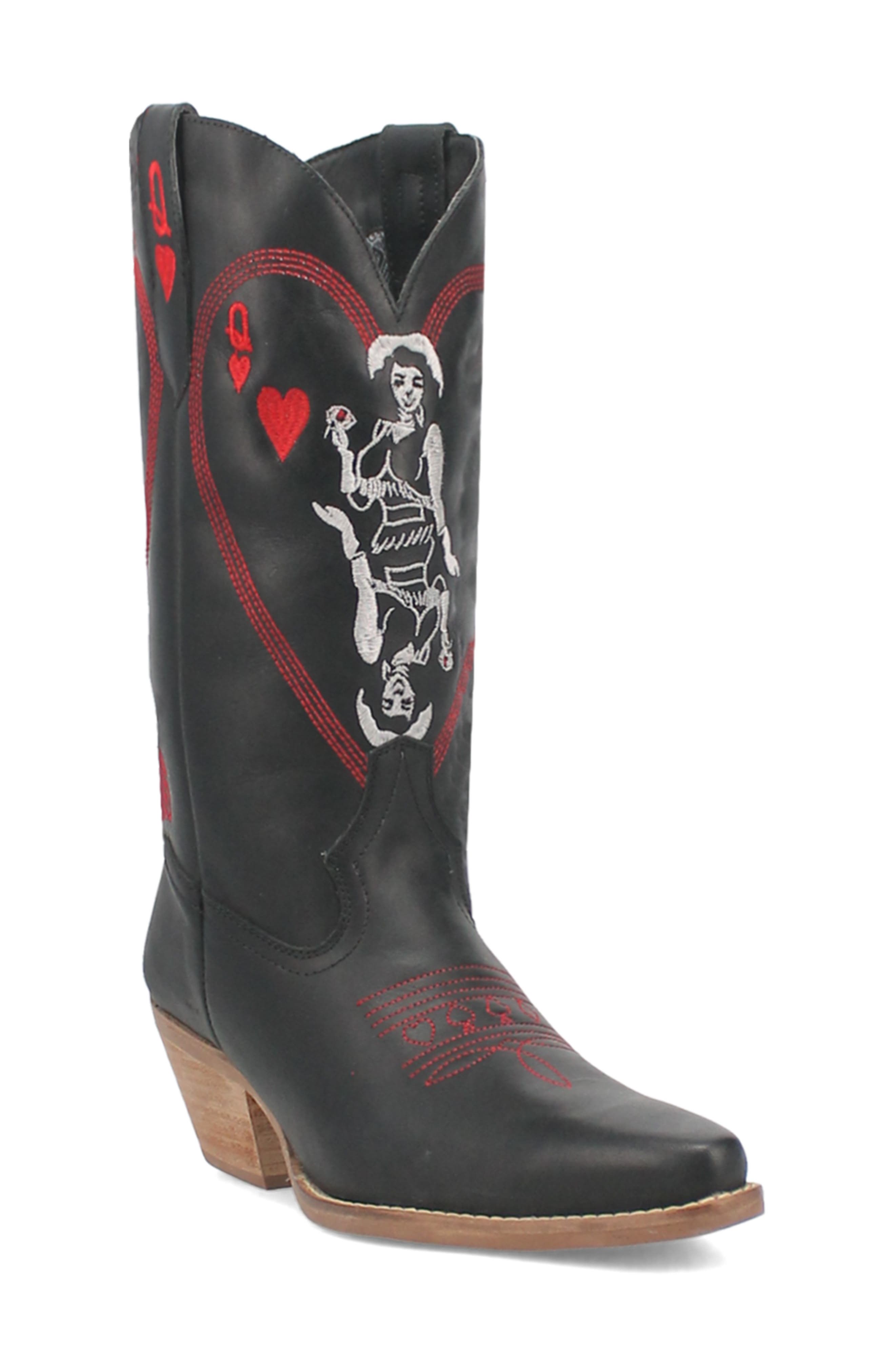 Dingo Queen a Hearts Western Boot, Main, color, Black