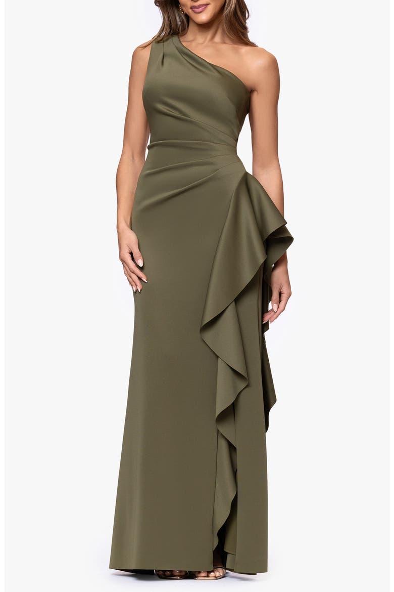 One-Shoulder Ruffle Scuba Crepe Gown, Main, color, OLIVE