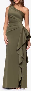 Xscape Evenings One-Shoulder Ruffle Scuba Crepe Gown
