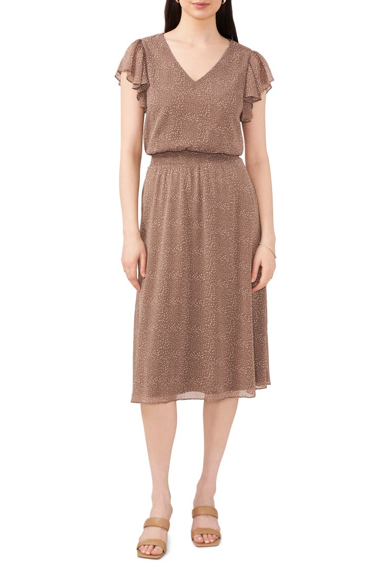 Dot Print Smock Waist Flutter Sleeve Midi Dress, Main, color, MOCHA / WHITE