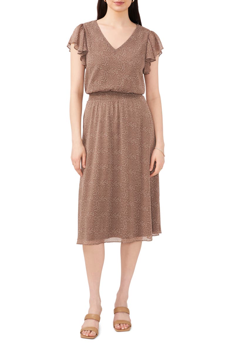 Chaus Dot Print Smock Waist Flutter Sleeve Midi Dress, Main, color, Mocha / White