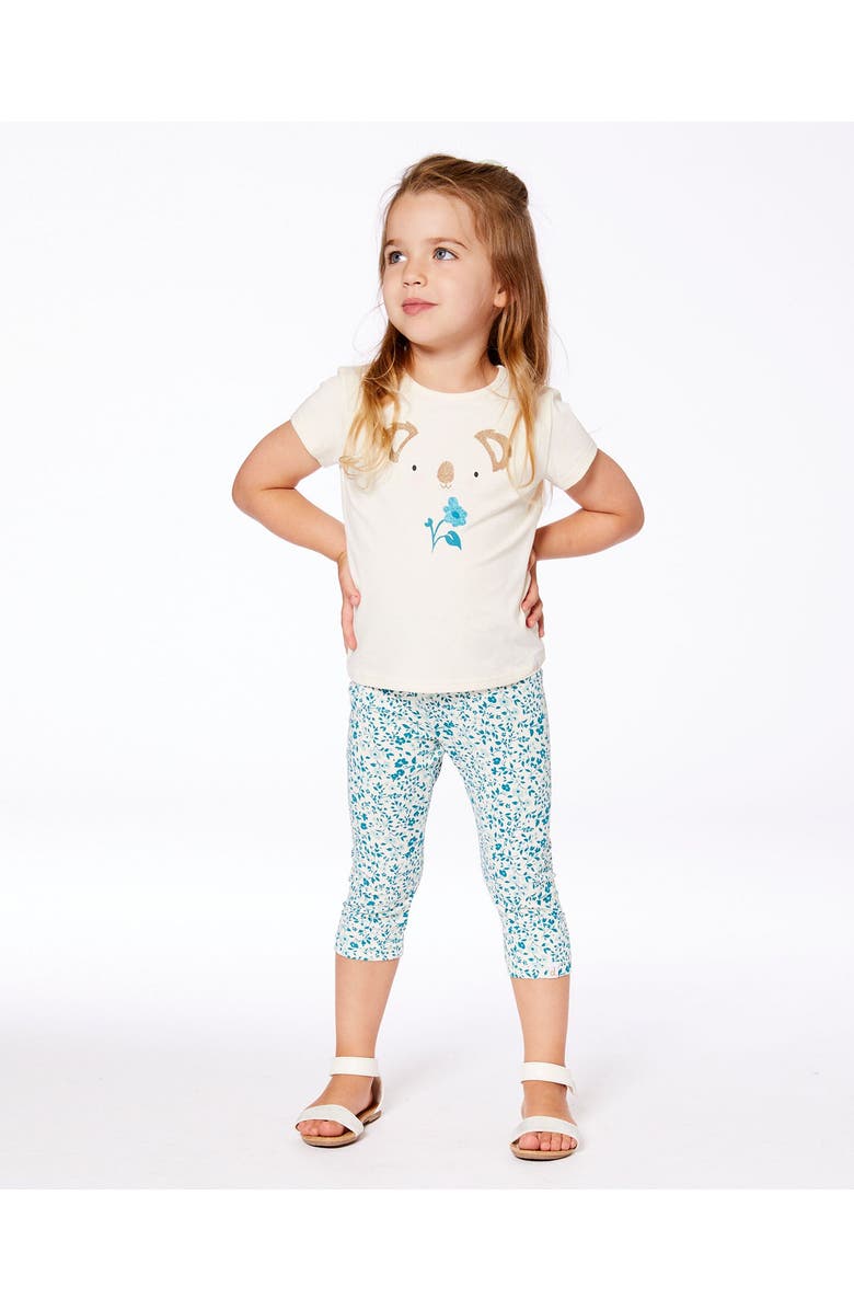 Deux par Deux Girl's Printed Organic Cotton Legging Small Turquoise Flowers, Alternate, color, 