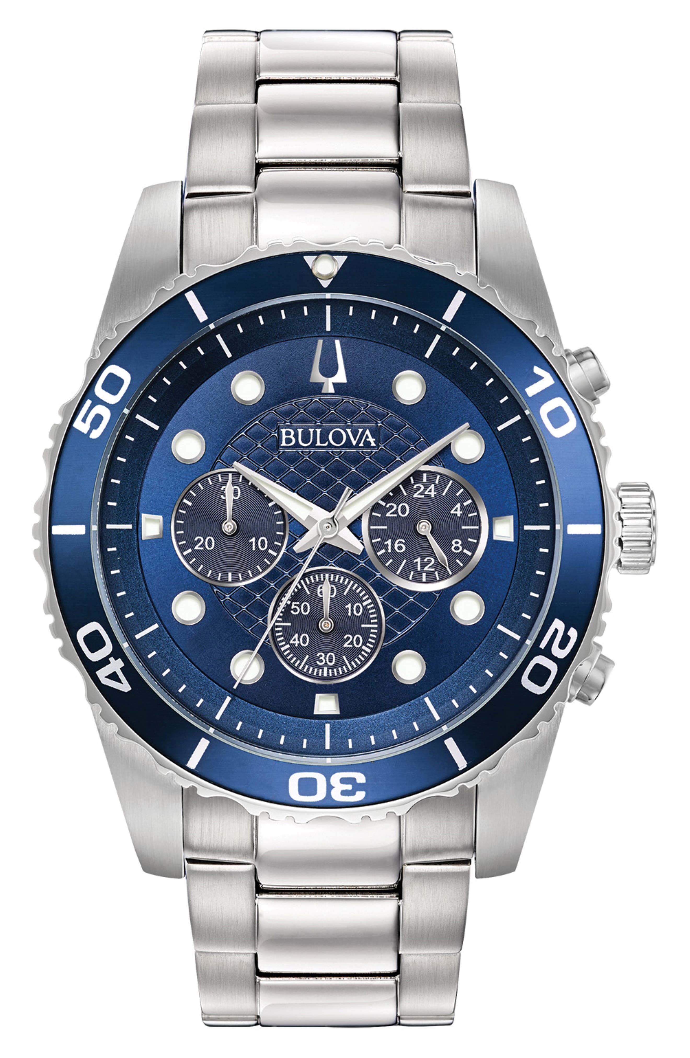 BULOVA Water Resistant Bracelet Strap Chronograph Watch, 43mm