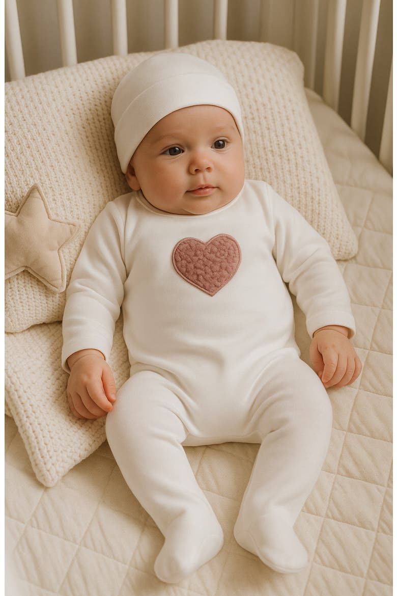 Heart Appliqué Footie & Beanie Set, Alternate, color, OFF WHITE