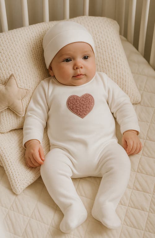 Maniere Manière Heart Appliqué Footie & Beanie Set In White
