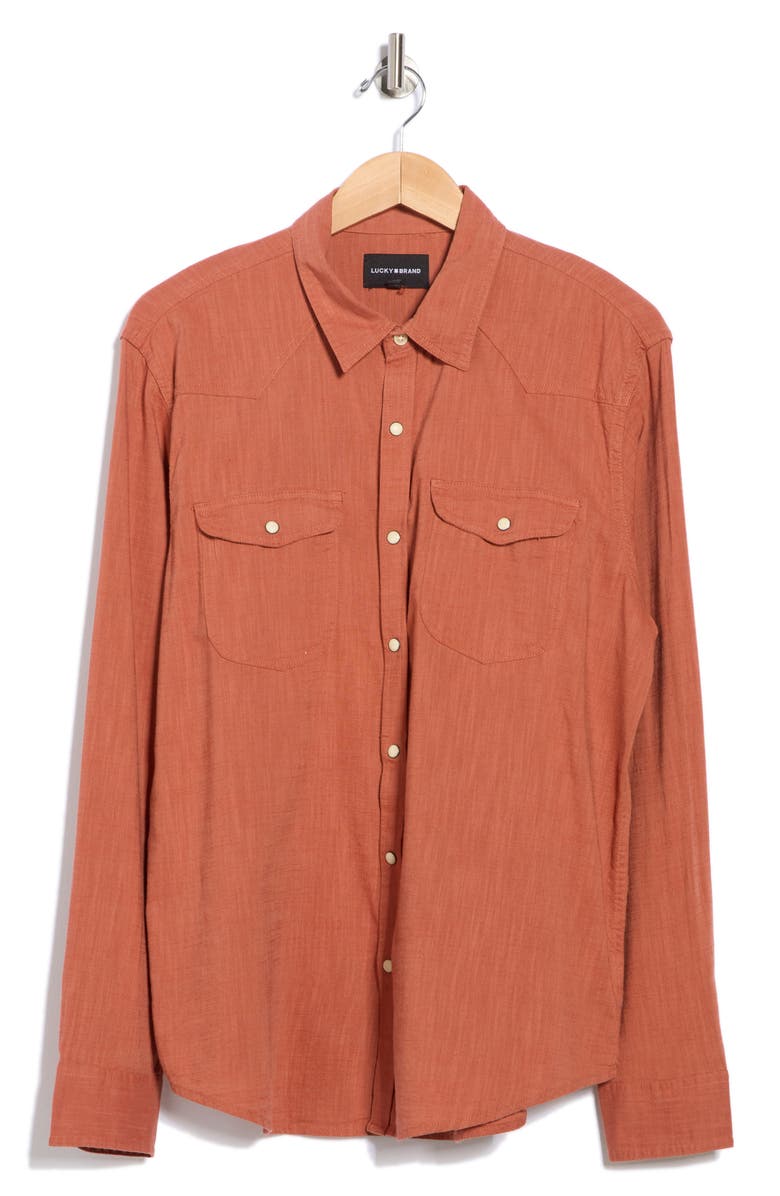 Lucky Brand Santa Fe Solid Western Button-Up Shirt, Alternate, color, Baked Clay