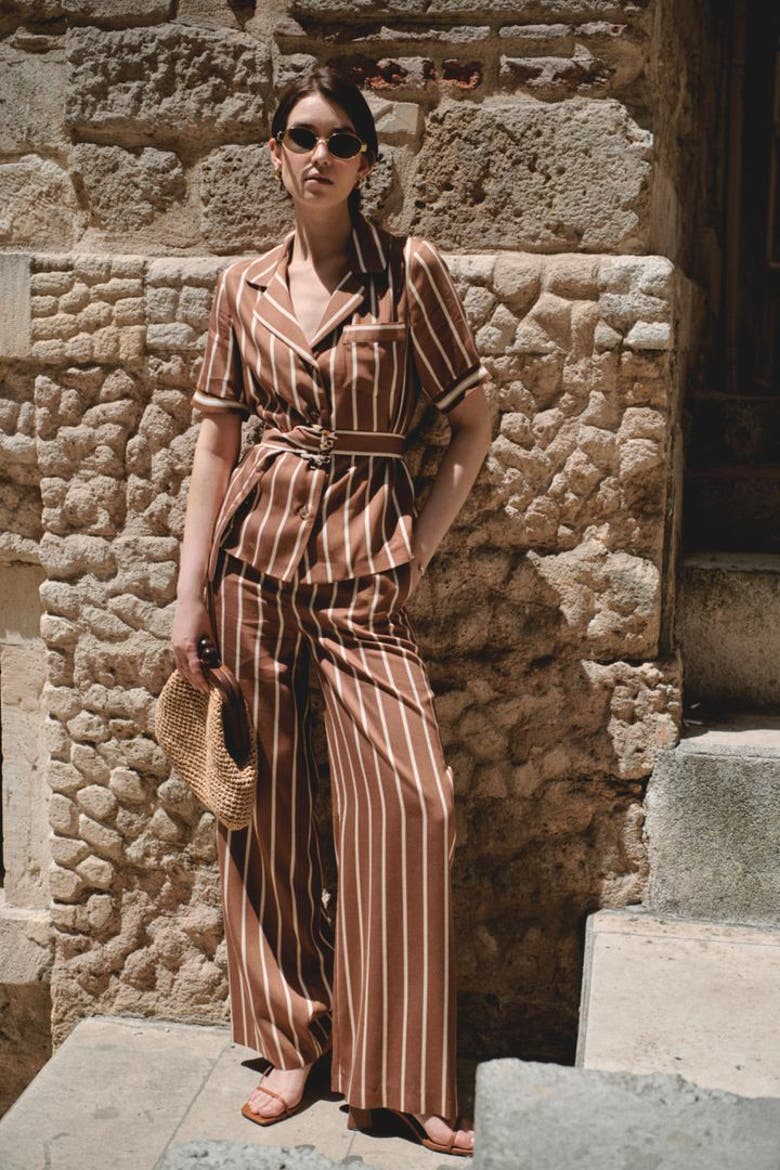 Striped Belted Wide Leg Pants, Alternate, color, HAZELNUT-BEIGE