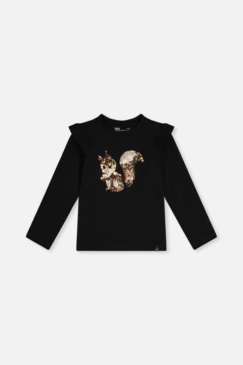 Organic Cotton Sequin Squirrel Ruffle Shoulder T-Shirt