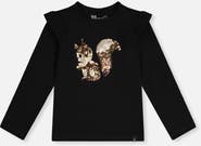 Deux par Deux Organic Cotton Sequin Squirrel Ruffle Shoulder T-Shirt