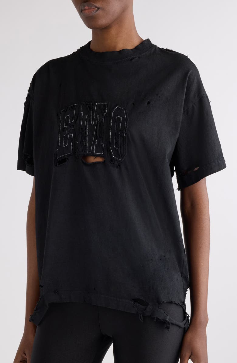 Balenciaga Boxy Distressed Emo Embroidered T-Shirt, Alternate, color, 1041 Faded Washed Black