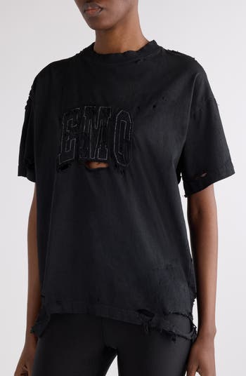 Balenciaga Boxy Distressed Emo Embroidered T-Shirt | Nordstrom